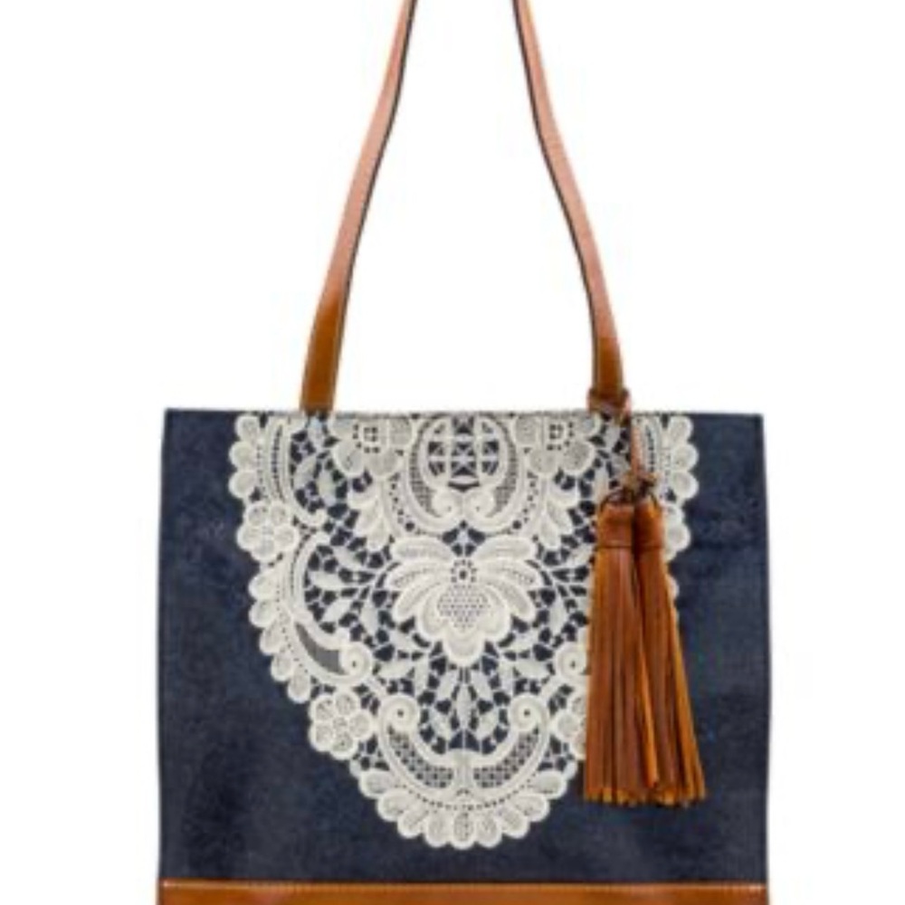 Elegant Lace Accent Denim Tote Bag